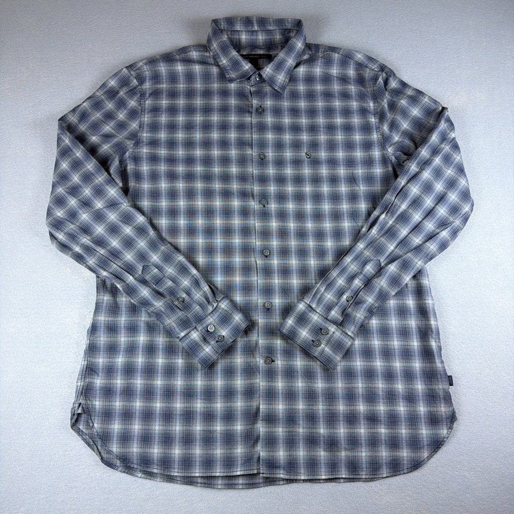 John Varvatos Button Up Shirt Mens Extra Large Blue Plaid Peace Sign Embroidered